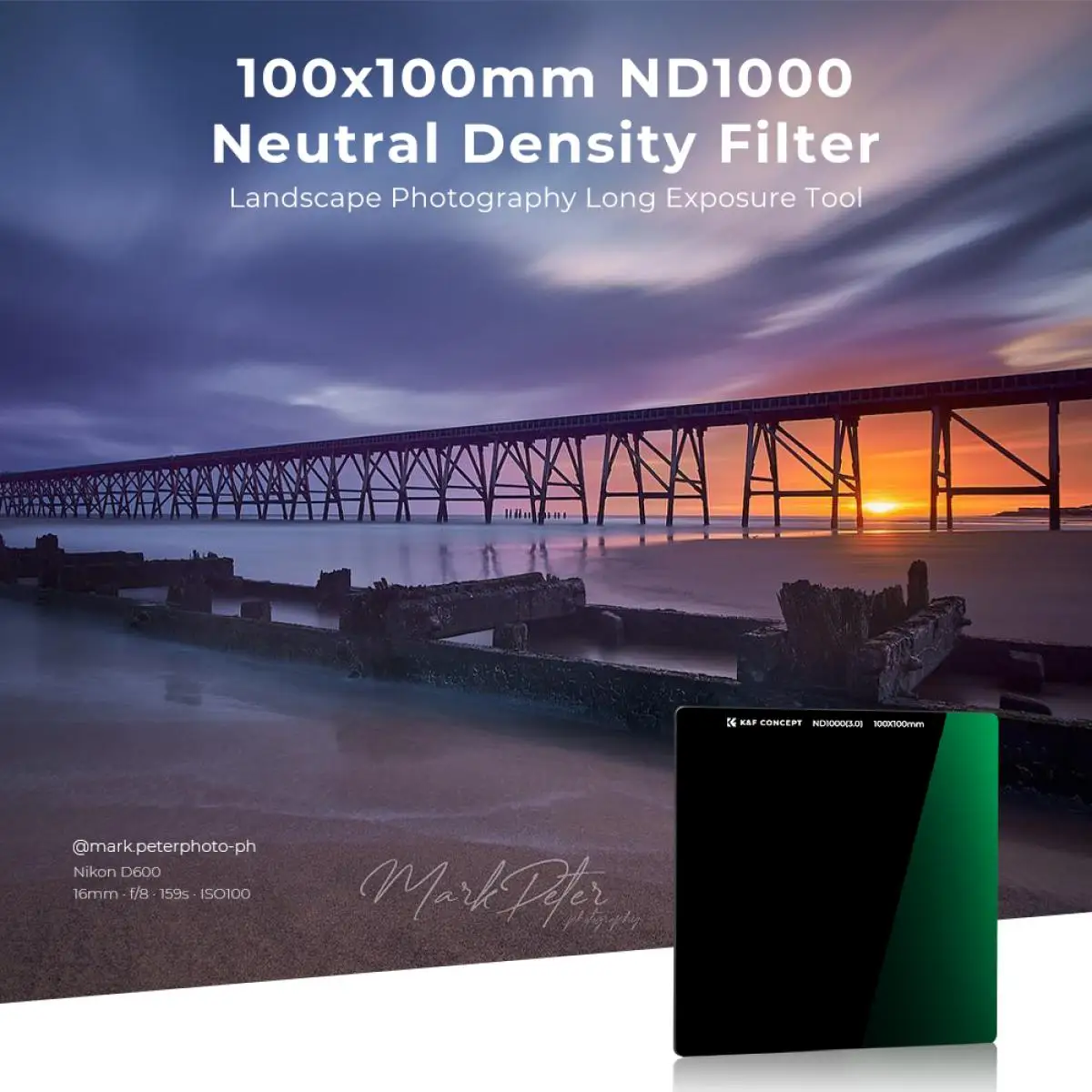 K&F Concept Square ND1000 Filter 100*100*2mm Neutral Density Filters 28 Green Multi-Coated Glass Waterproof NANO-X Series