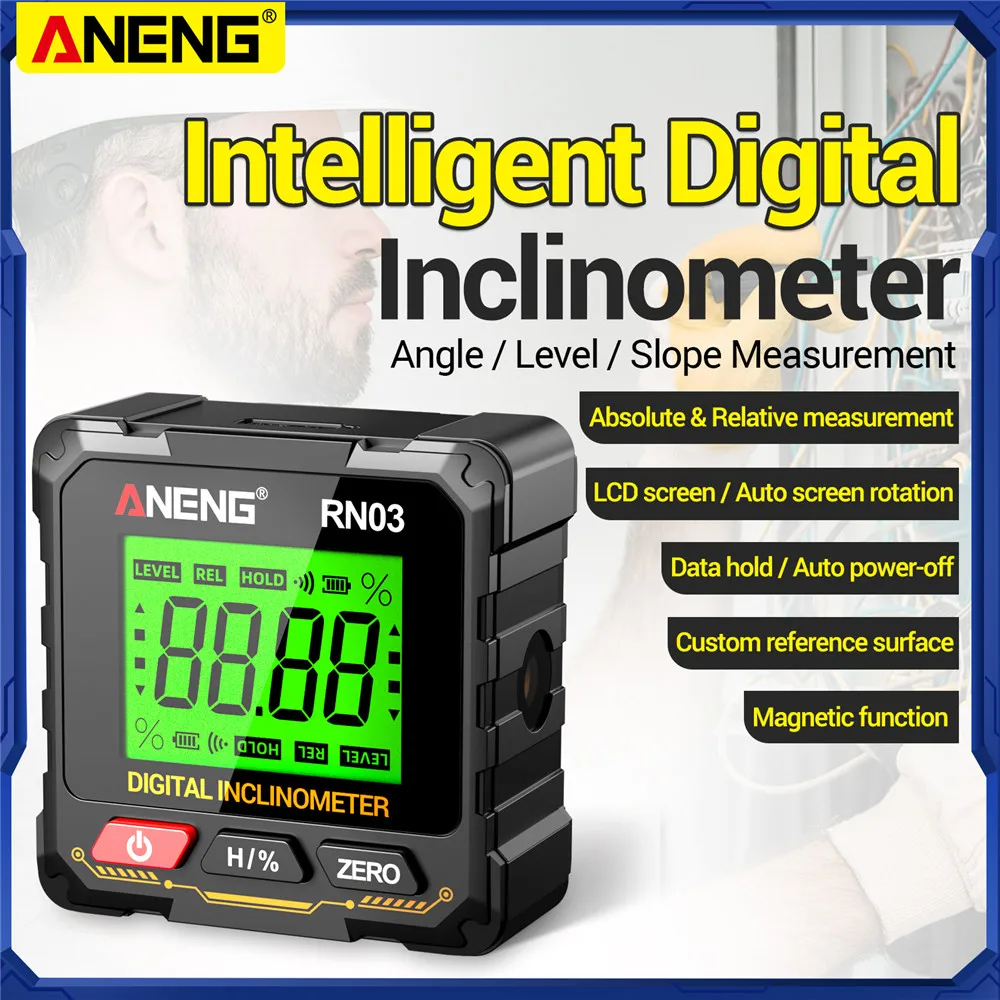 ANENG RN02/RN03 Laser Digital Inclinometer, 4-sided Magnetic Rechargeable Angle Measuring Instrument, 360° Rotation Measurement