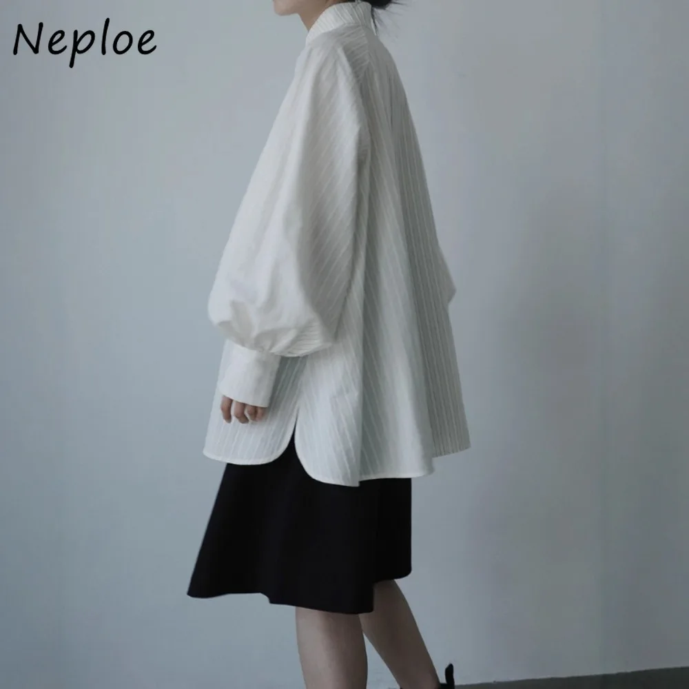 

Neploe Streetwear Hip Hop Soft Casual Crop Top Loose Stand Collar Stripe All-match Shirt Japan Two Wear Slim Vintage Blouses