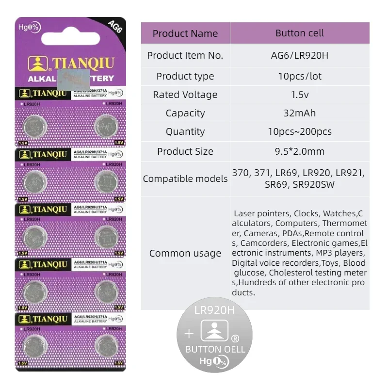 Alkaline Button Cell Battery AG6 1.5V LR920 SR920SW LR69 Watch Coin Battery 2-10PCS Replacement for Watch Calculator