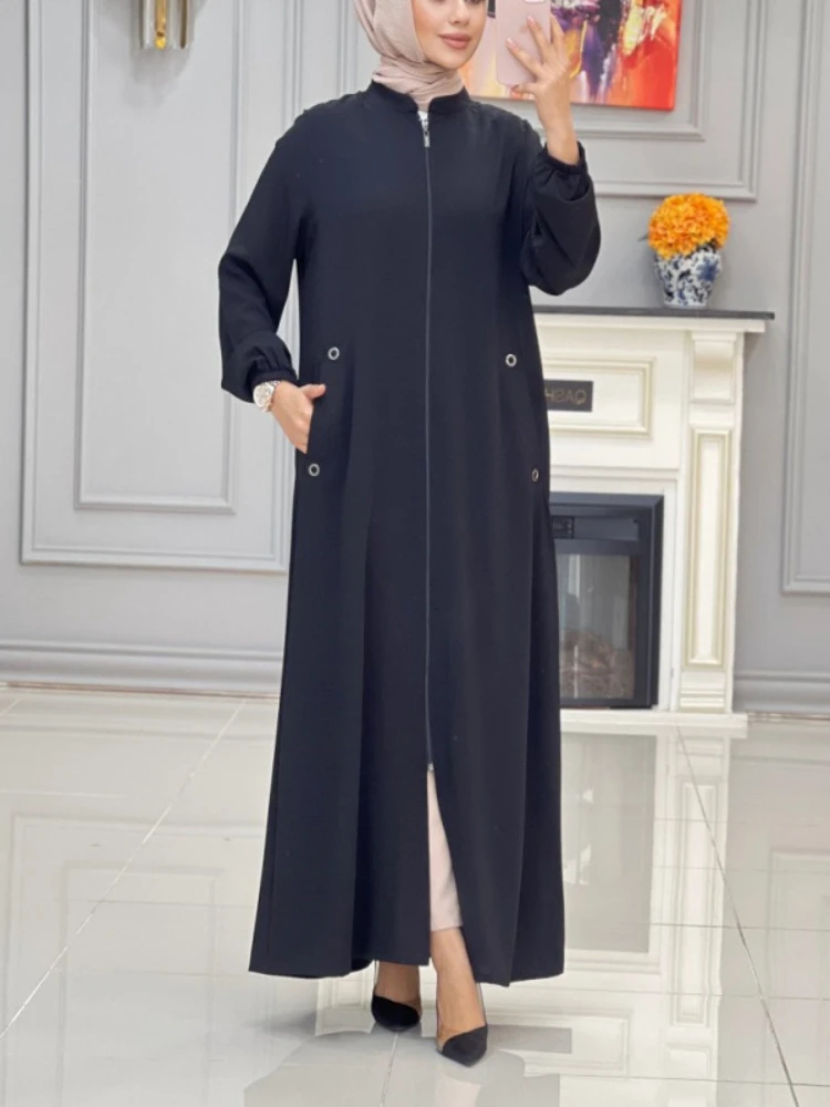 Abaya-Robe longue de soirée musulmane pour femmes, robe de Ramadan, col montant, poche zippée, Educational Largos, Dubaï, Jalabiya, Eid, 2024