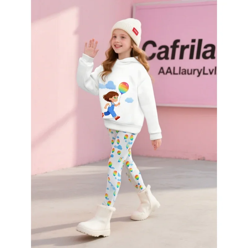 

Adorable Kids' Hoodie And Leggings Set Cartoon Girl Rainbow Balloon Print Cozy Winter Outfit for Girls