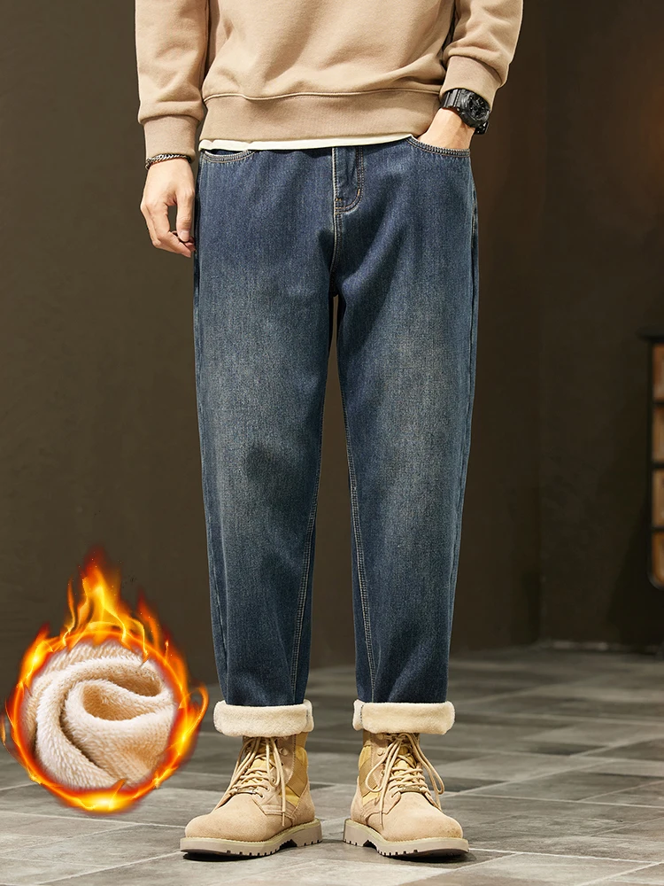 الرجعية فضفاض الشتاء الصوف الجينز الرجال الدافئة رشاقته موضة عادية الدينيم السراويل مريحة أفخم المخملية الحرارية الذكور السراويل #4