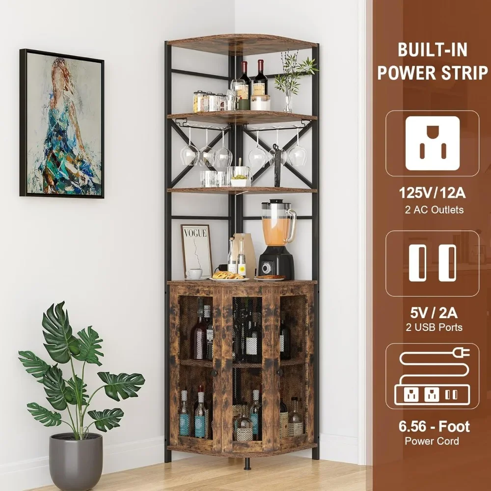 Industrial Corner Wine Cinet with LED Lights, Outlet & Adjus Shelves - 6-Tier Bar Storage for Liquor Glassware