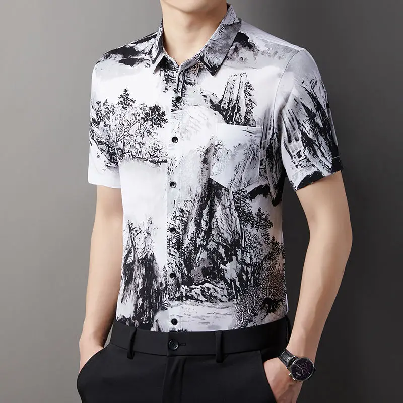 True Pocket Summer Men Short Sleeved Ice Shreds Slim Large Size Casual Half Sleeve Printing Tops Middle Age Thin Style Shirt