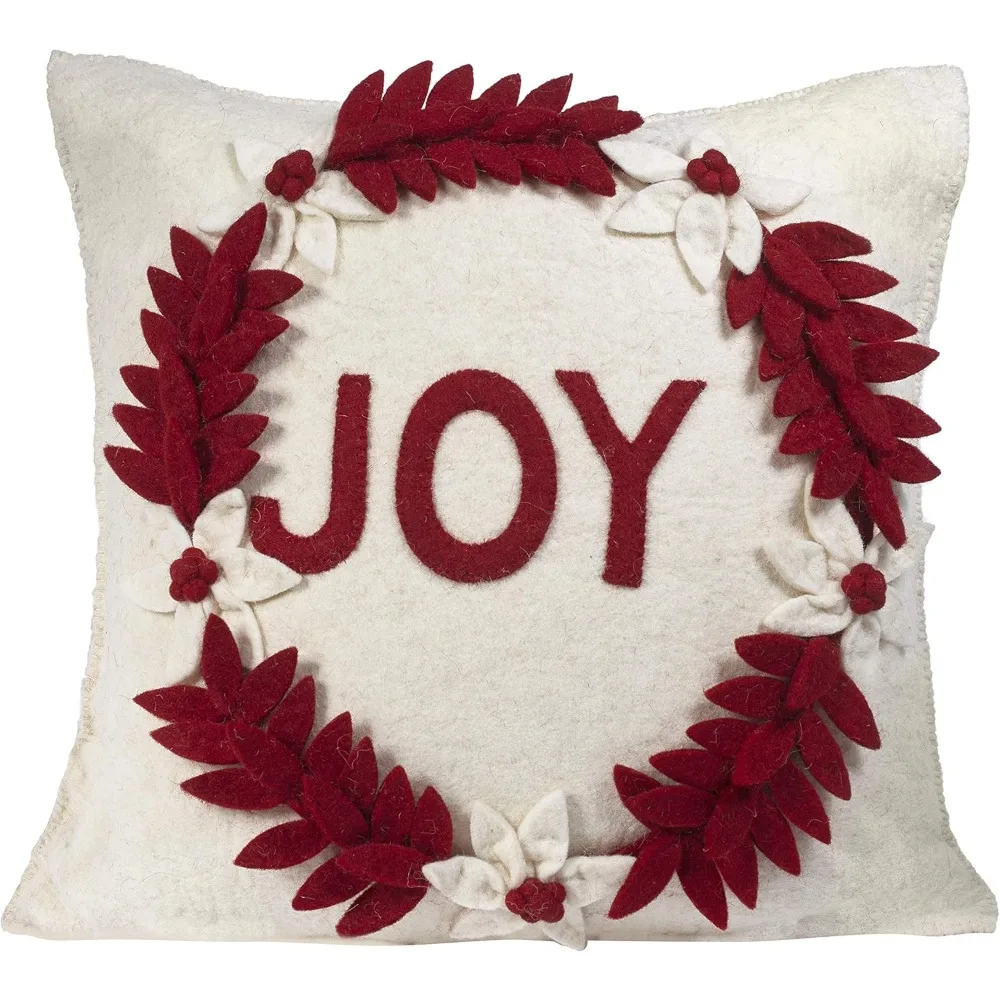 Hand Felted Wool Joy Wreath Christmas Pillow Cover, 20