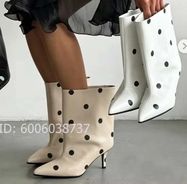 Women Polka Dot Mid Calf Boots Leather Pointed Toe  Stiletto Heel Slip On Fashion Ladies Retro Party Streetwear Mid Calf Boots