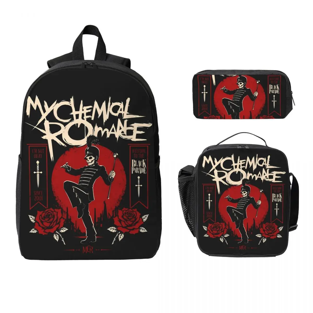 3Pcs The Black Parade 2026 Music My Chemical Romance Mcr Backpack Set Pen Bags Bookbag Sets with Lunch Box For School Daypack