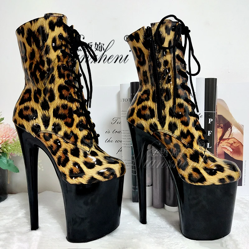

leopard 20cm Pole Dance Shoes Snake Stripper 8inches High Heels Platform Lace Up Ankle Boots Exotic Sexy Fetish Cross dressing