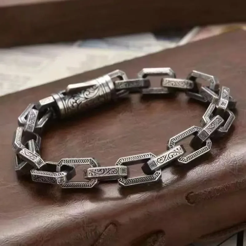 Retro Aged Rattan Grass Pattern Engraved Bracelet, Heavy Workmanship Artistic Wristband, Unique Creative Vintage Jewelry