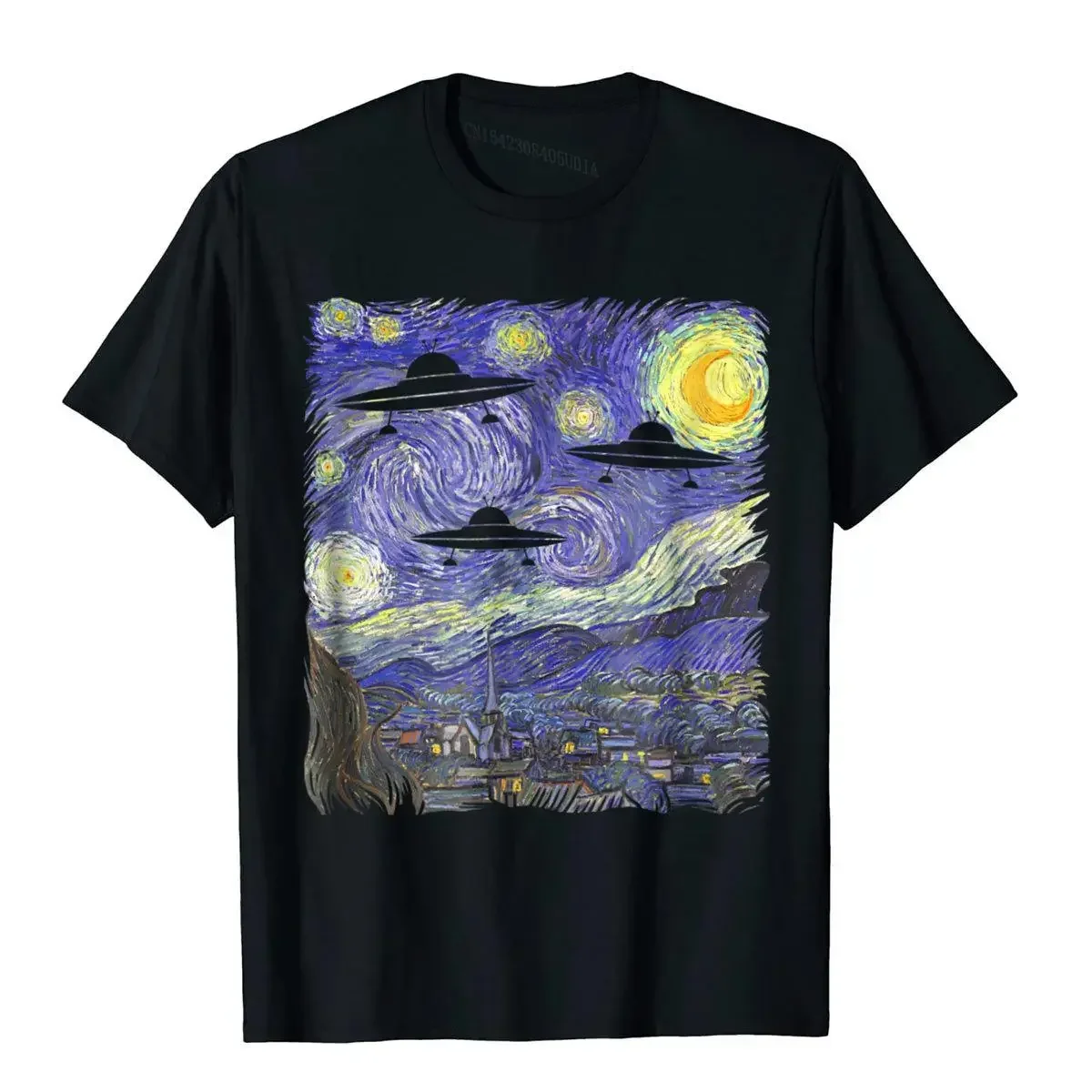 Cotton Customized T Shirt New Arrival Men T Shirt  UFO Alien Abduction Starry Night Van Gogh Painting Tee Shirt  COTTON