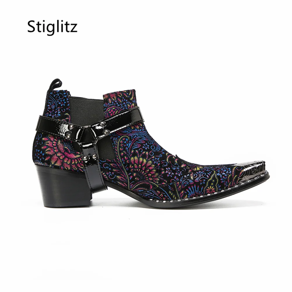 

Vintage Floral Embroidery Chelsea Boots for Men Pointed Metal Toe Buckle Strap High Heel Western Casual Dress Party Shoes