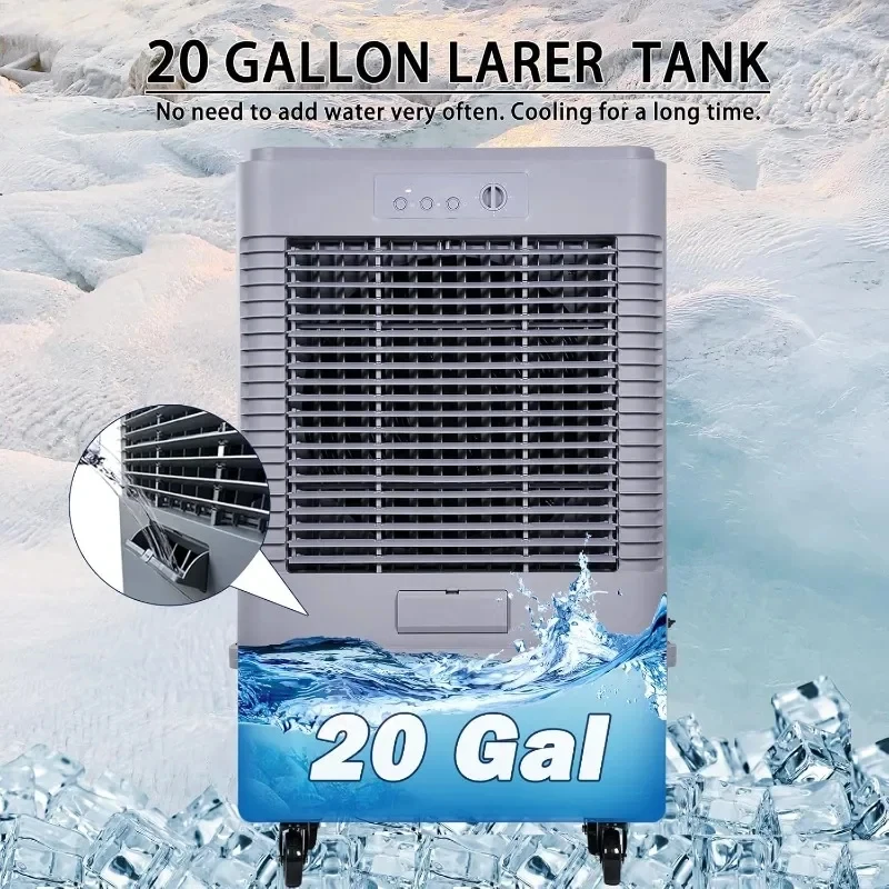 Refrigerador de ar evaporativo, 75L, 53 ", 20 galões tanque, 90 ° oscilação, 400W, 7 velocidades pântano, força industrial, refrigerador de ar