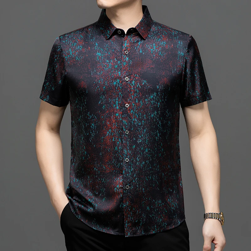 Men's Fashion Printing Mulberry Silk Clothes Summer 2024 Soft Satin Silk Shirt Short Sleeve Smooth Dress Shirts