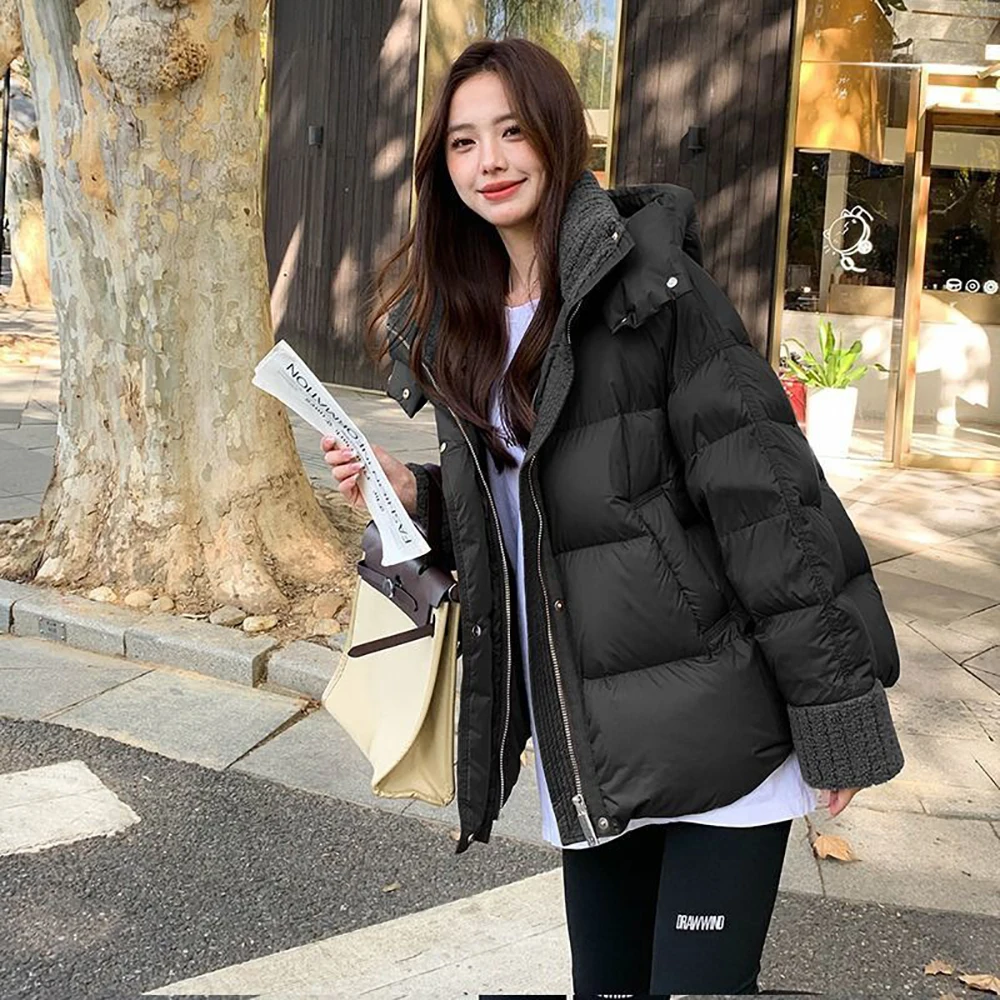 Thickened Hooded Cotton Jacket Women Winter 2025 New Imitation Lamb Fur Collar Splicing Warm Outerwear Fashion Loose Top