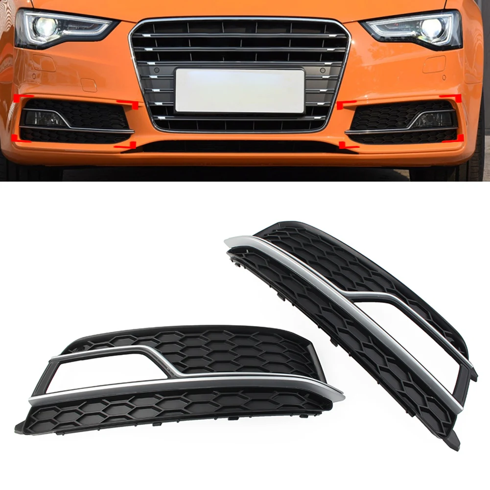 1 Pair Car Front Bumper Fog Light Grille Cover Gloss Black With Silver ABS Trim For Audi A5 S-Line S5 2013 2014 2015 2016 2017