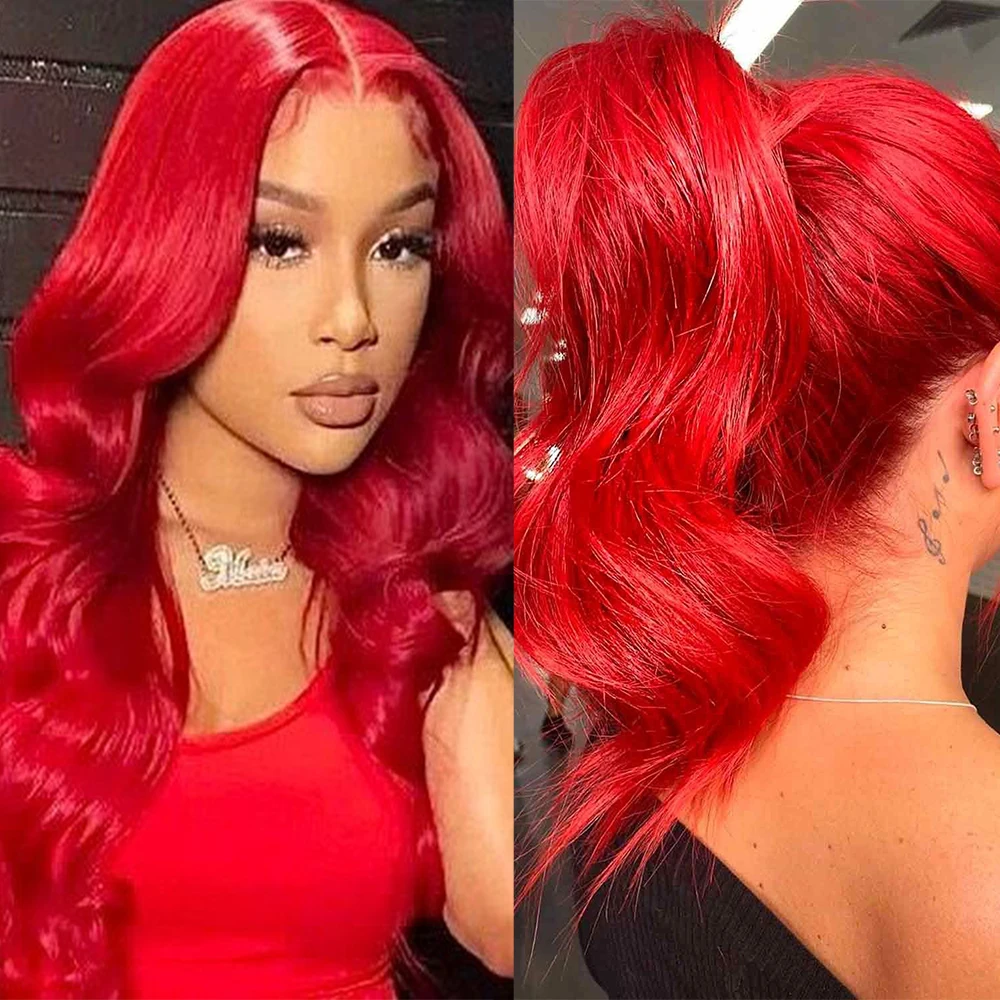 

Synthetic Lace Front Wigs Red Color Hair Glueless Wig Body Wave Pre Plucked Natural Hairline 22 Inch 180% Full Density Party