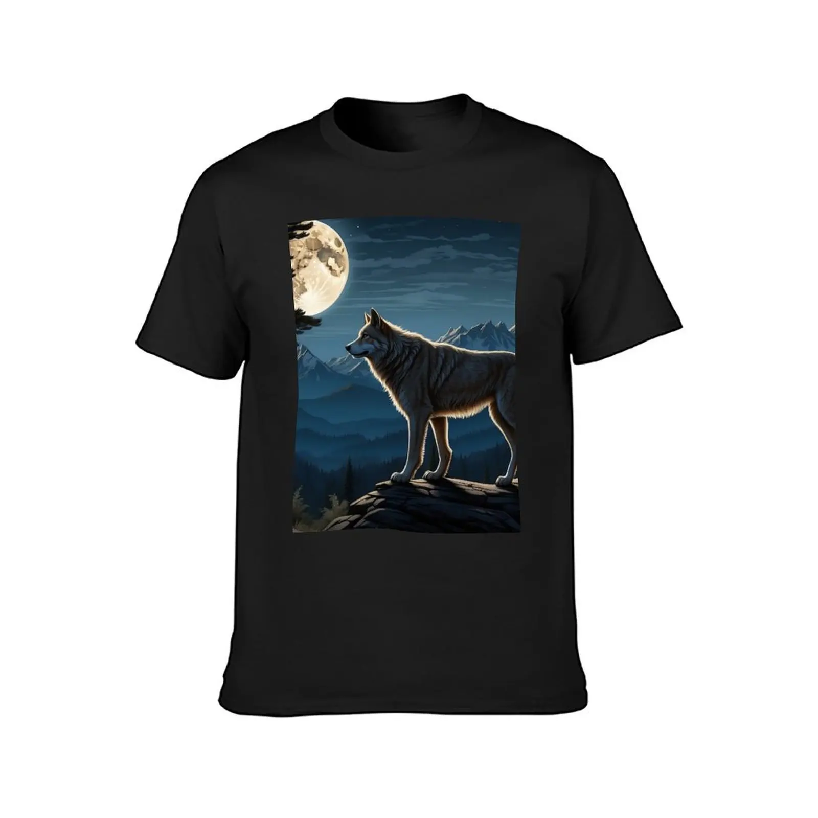 Wolf under moonlight, mountains and forest backdrop. T-Shirt sports fans sublime new edition fitted t shirts for men