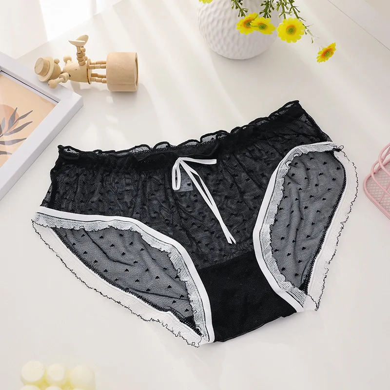 Japanese Cute Mesh Low Waist Transparent Lace Sweet Bow Tie Solid Color Perspective Triangle Pants Underwear WOMEN Panties