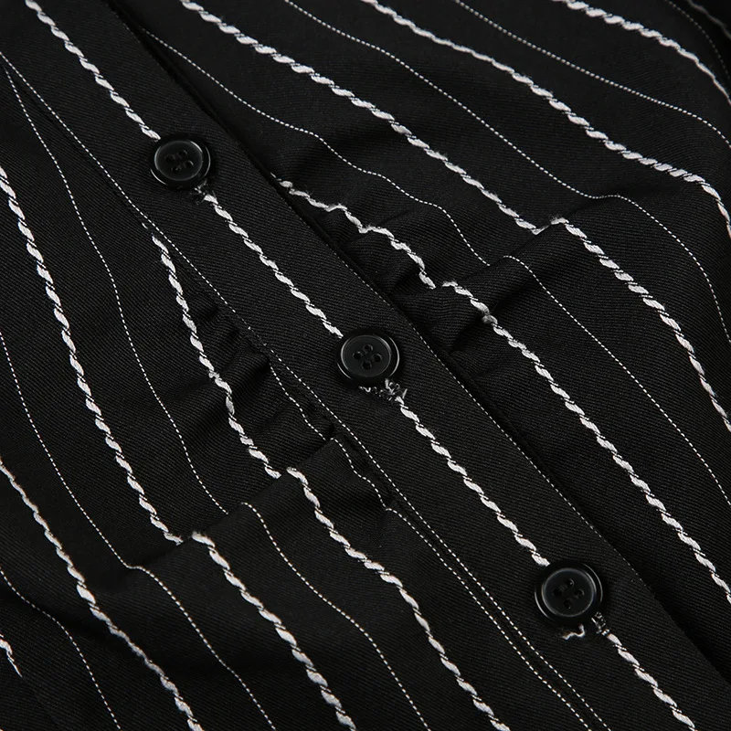 Fashion striped button bubble sleeves spicy girl temperament folds shirt