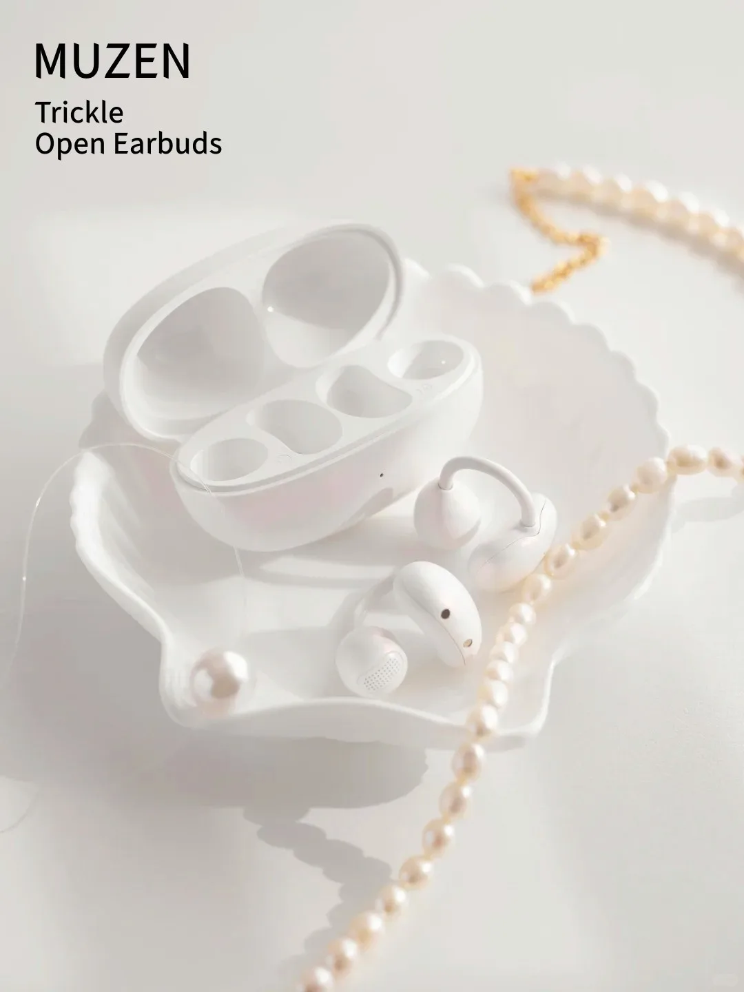 Muzen Trickle Open Ear Bluetooth Earphones Pearl White Air Conduction Clip-On Smart Soprt Wireless Earbuds MW-W3
