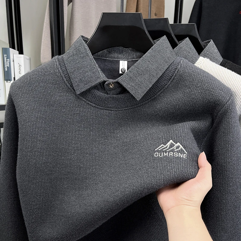 

Luxury brand letter embroidery lapel men's sweater fashion personality fake two-piece design youth comfort warm casual pullover