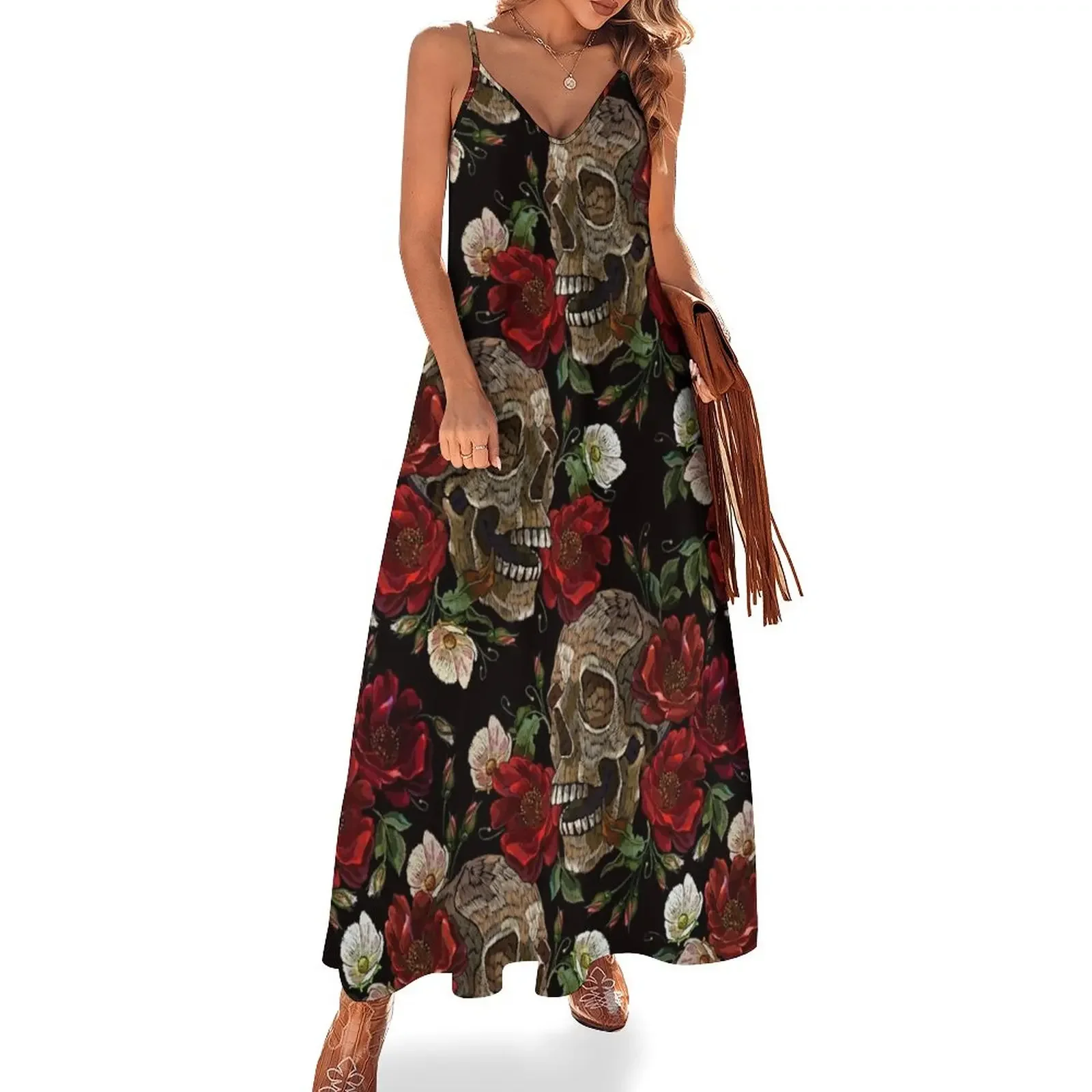 

Embroidery skull and red roses seamless pattern Sleeveless Dress sexy dress women's fashion dresses beach outfits for women