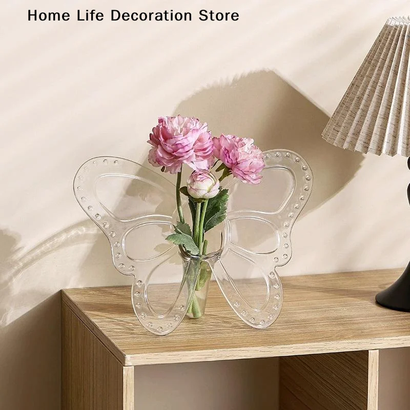 【H】Ins Style Butterfly Shaped Clear Vase Plastic Frame Vase Water Plant Flower Vase Decoration Home Living Room Desktop Ornament