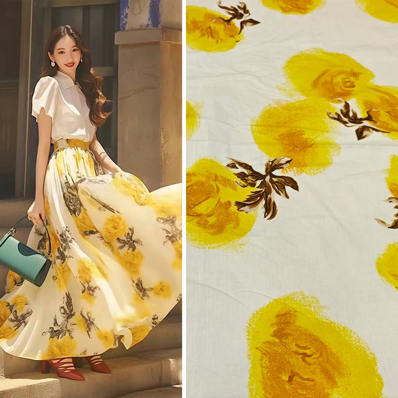 Spring Summer European and American Runway Cotton Printed Fabric Women's Dress Yellow Flower DIY High Quality Fabric