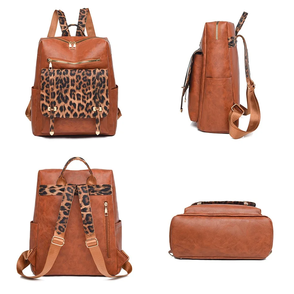 Bolsa feminina vintage de couro de alta qualidade mochila casual leopardo impressão mochila grande capacidade saco de compras para mulher 2025