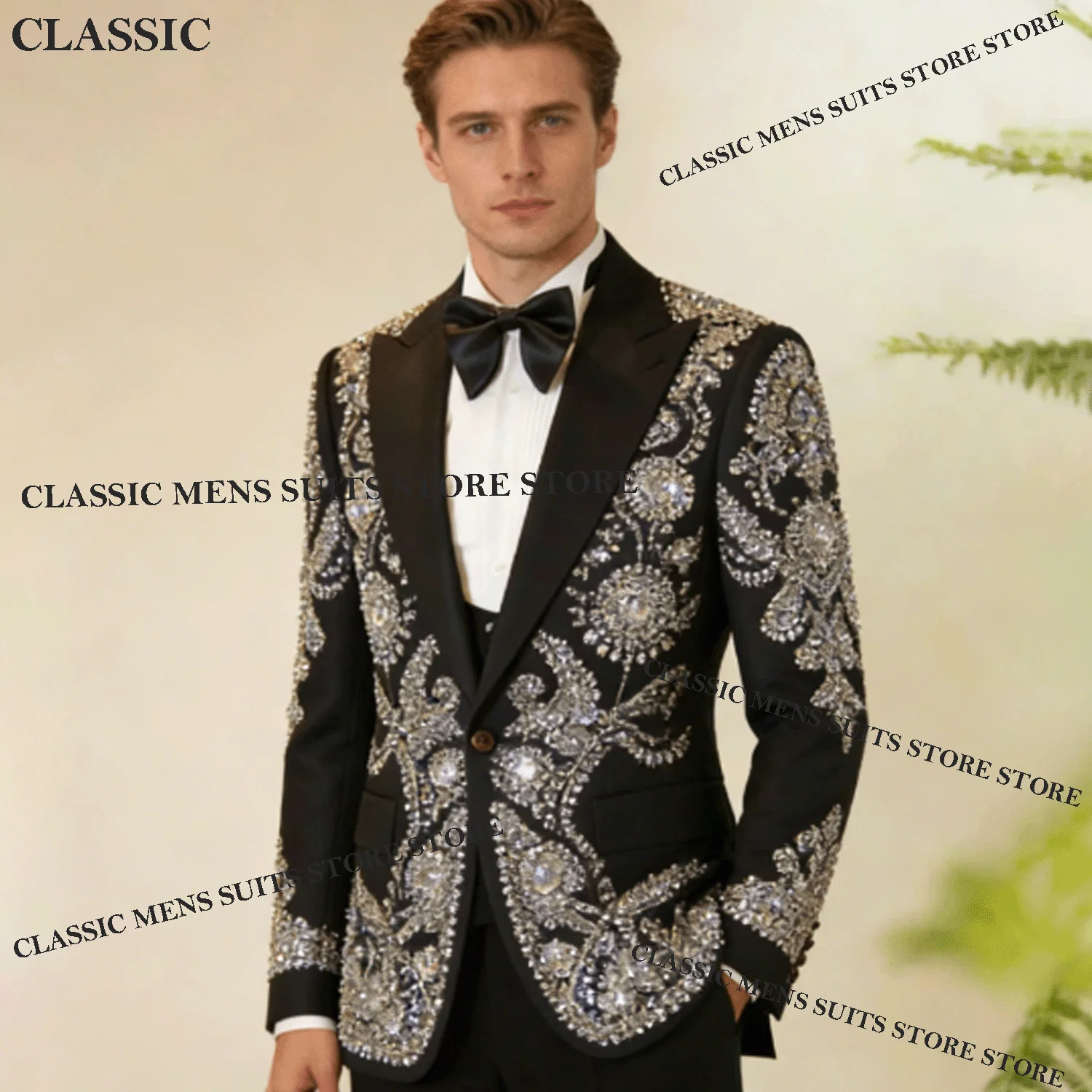 Exquisite	Crystal Sequins Men Suit Customized Rhinestone Evening Ropa Blazer 2 Pieces Set Male Prom Blazer Formal Groom Tuxedos