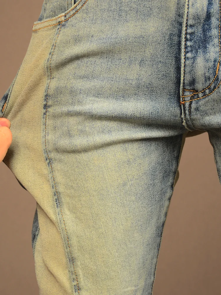 Nostalgic Retro Yellow Mud Color Ripped Stitching Jeans Men's Fashion Elastic Slim Fit Skinny Stitching Motorcycle Style Pants