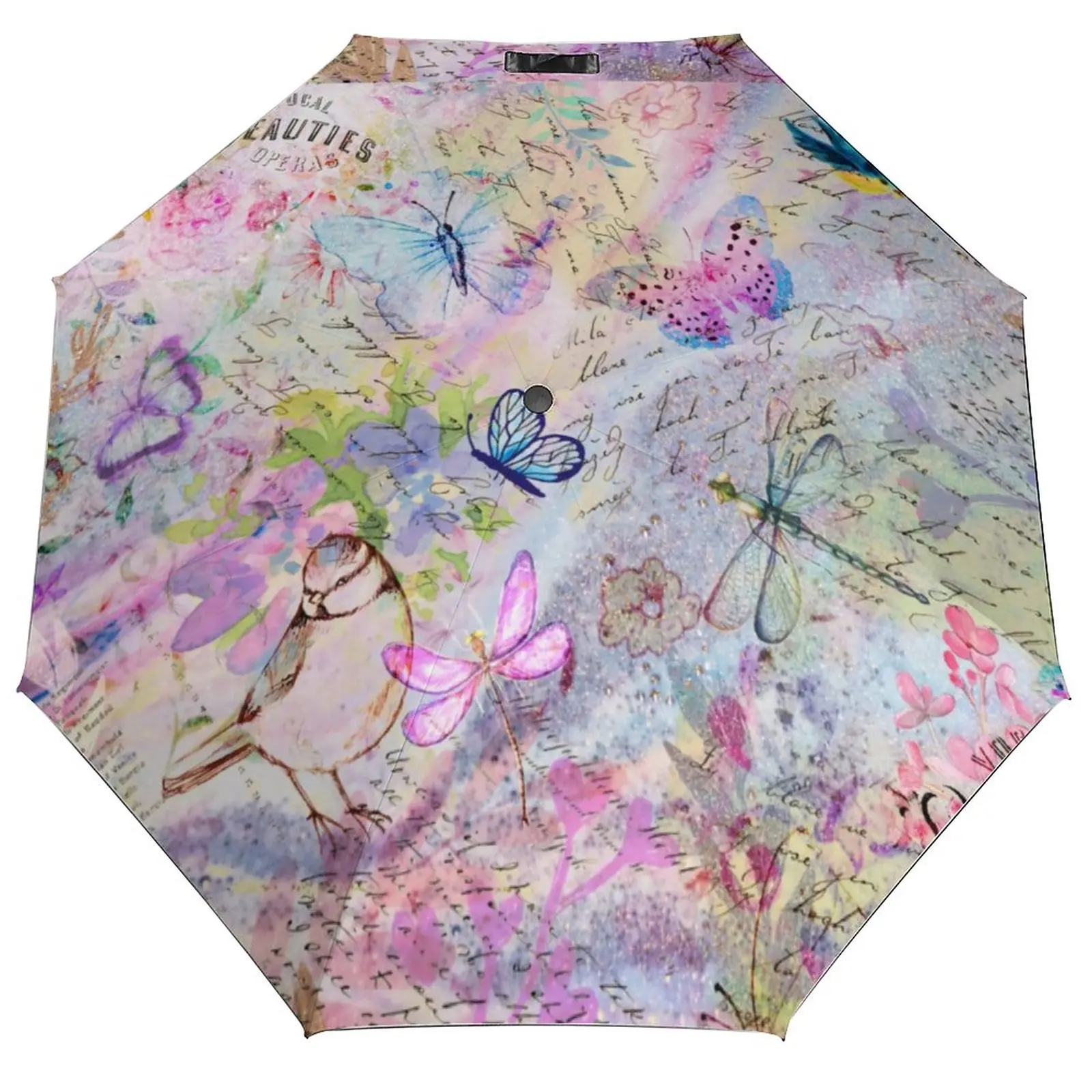 Retro Butterfly 3 Fold Non Automatic Umbrella Floral Rose Birds Wind Resistant Umbrella UV Protection Lightweight Umbrellas