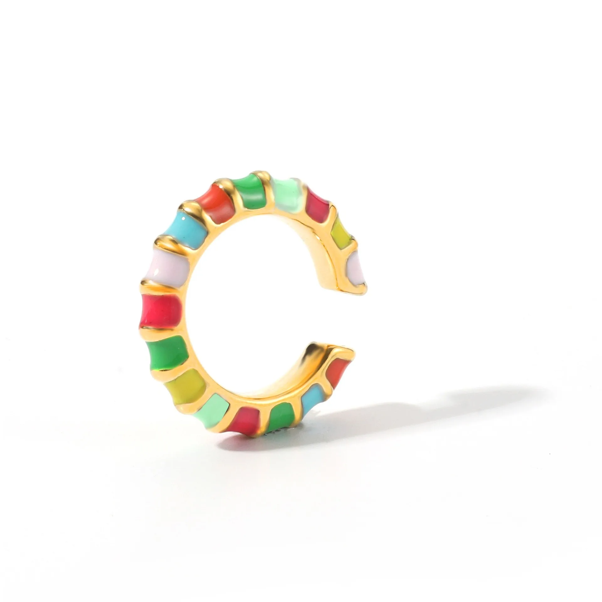 New ins style color drip oil ring stainless steel plated 18K gold color ear bone clip wheel C-type jewelry