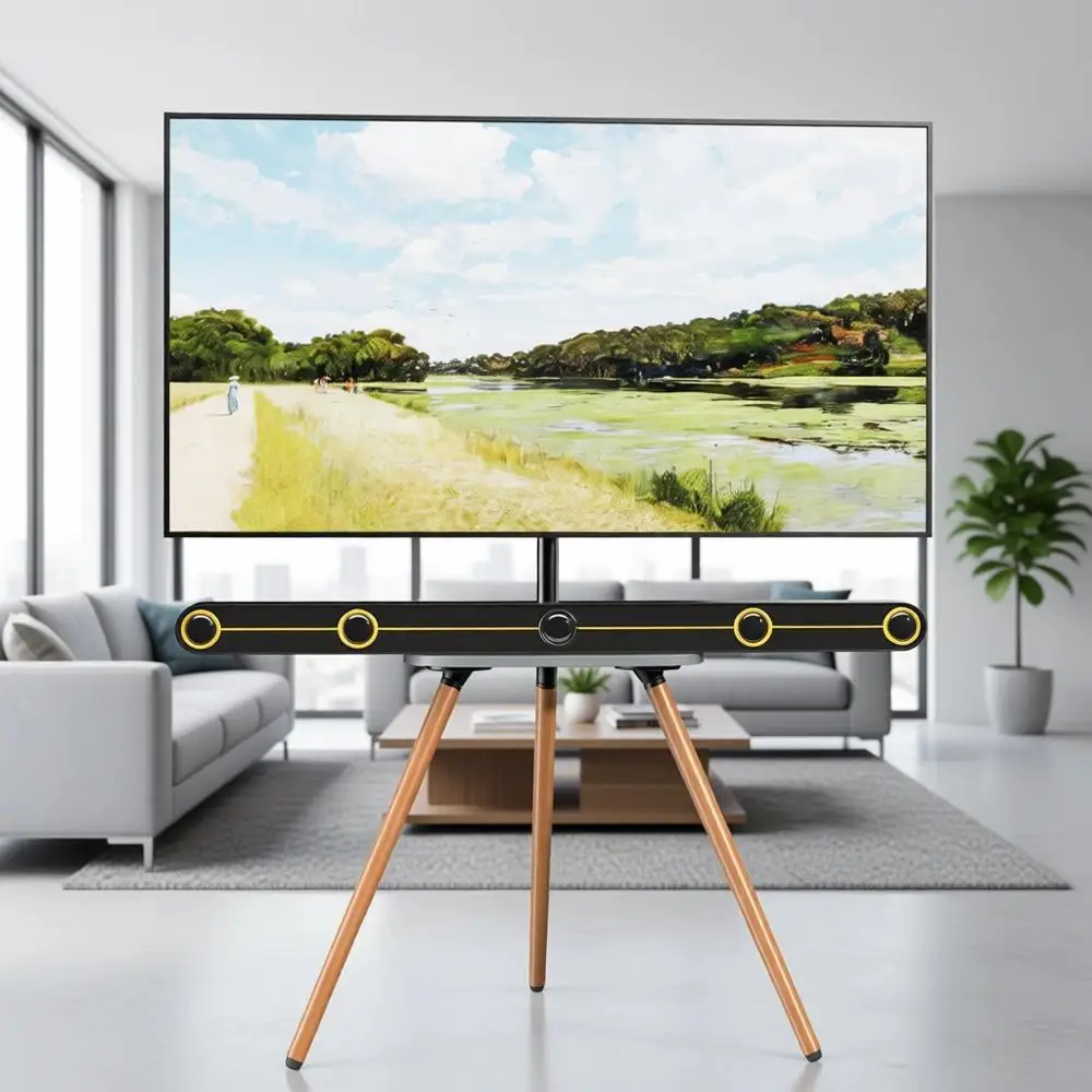 Portable Swivel Tripod TV Stand with Wooden Tray, Height Adjustable, Max Load 77 lbs, 43-65-Inch TVs, VESA 400x400 mm, Black