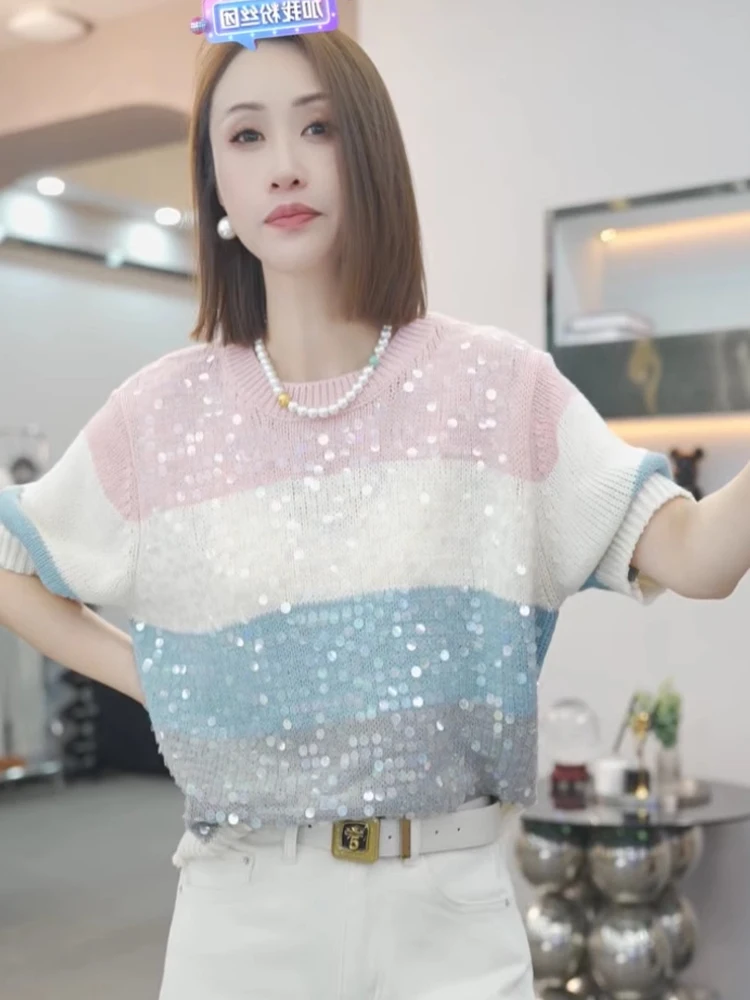

Ele Knitted round Ne ort Sve irt Soft iny Sequin Striped Color Blo Gentle Top Versatile Summer Faion Women...