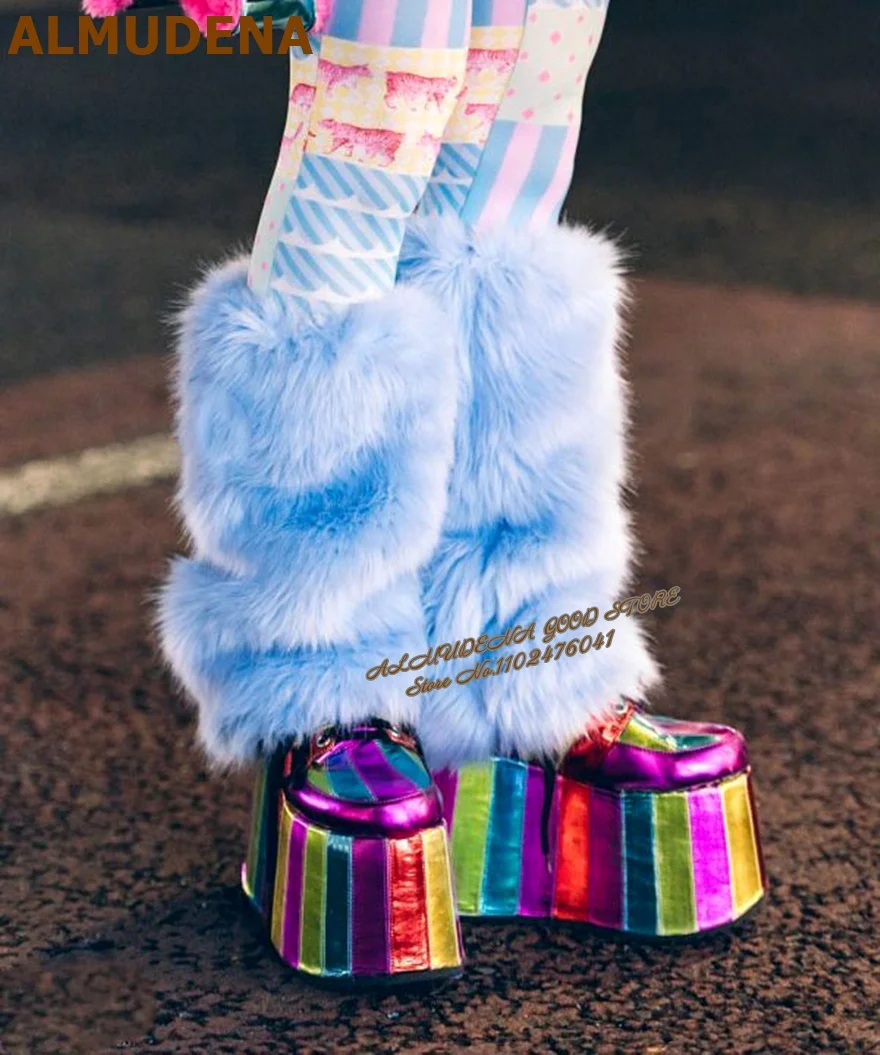 Furry Cuff Platform Shoes, Rainbow Stripe Metallic Chunky Sole Sneakers, Rave Festival Cosplay Punk Women's Shoes