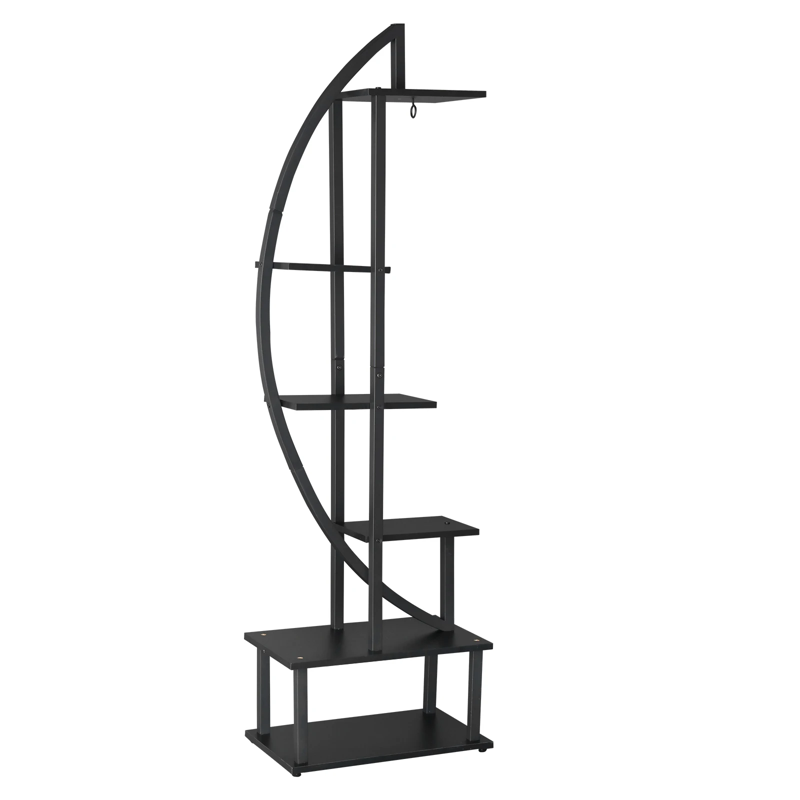 6-story half moon shaped iron wood black iron flower rack，suitable for gardens, balconies, courtyards