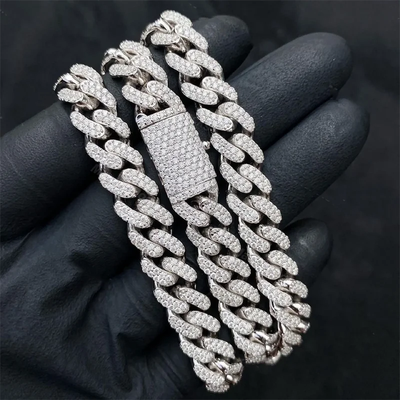 Two Rows Iced Out Necklace Custom Chain Moissanite Miami 925 Sterling Silver 10mm Cuban Link Chain