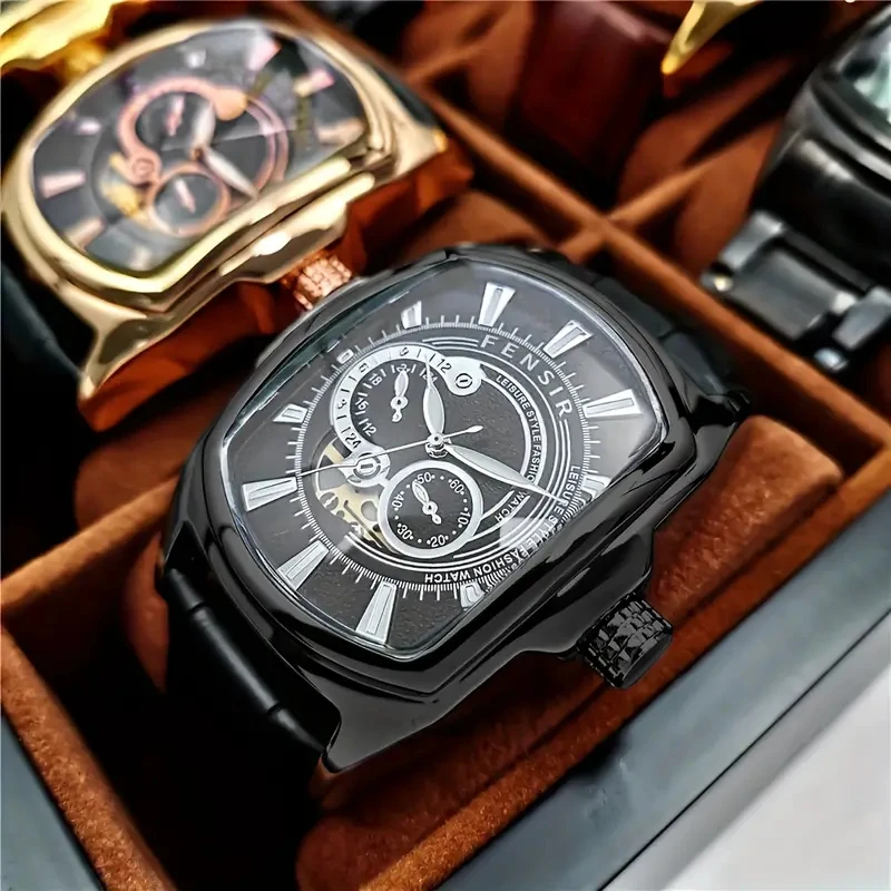 ساعة فاكس التجارية الجديدة للرجال، قرص على شكل برميل مع وظيفة التقويم، ساعة كوارتز بحزام جلدي للطلاب الذكور، عصرية، كاجوال، متعددة الاستخدامات وسيم - مثالية للحفلات والهدايا العصرية