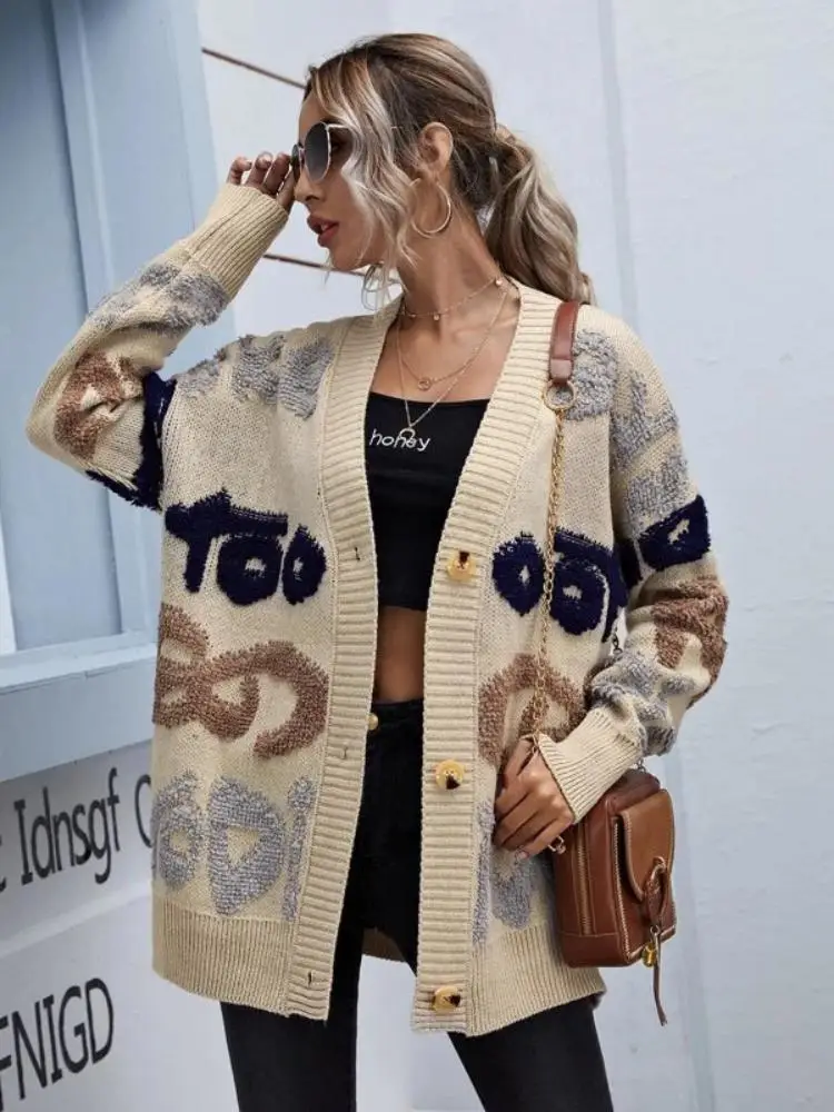 Autumn/winter fashion knit letter cardigan single-breasted long-sleeved coat temperament commuter sweater top