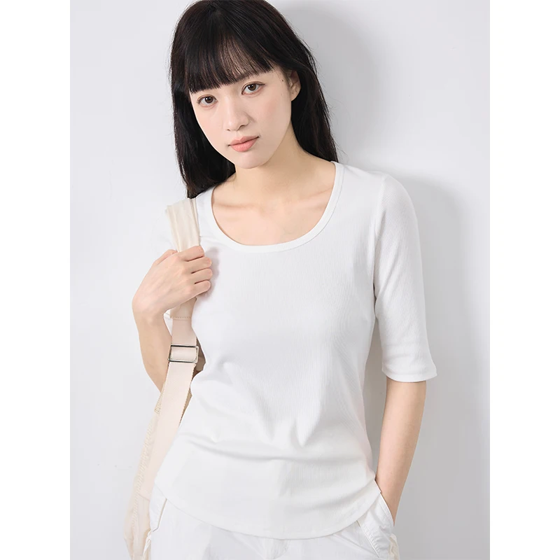 

Облегающий трикотажный топ с круглым вырезом, повседневный, универсальный, с рукавом 3/4, удобный, дышащий, для лета