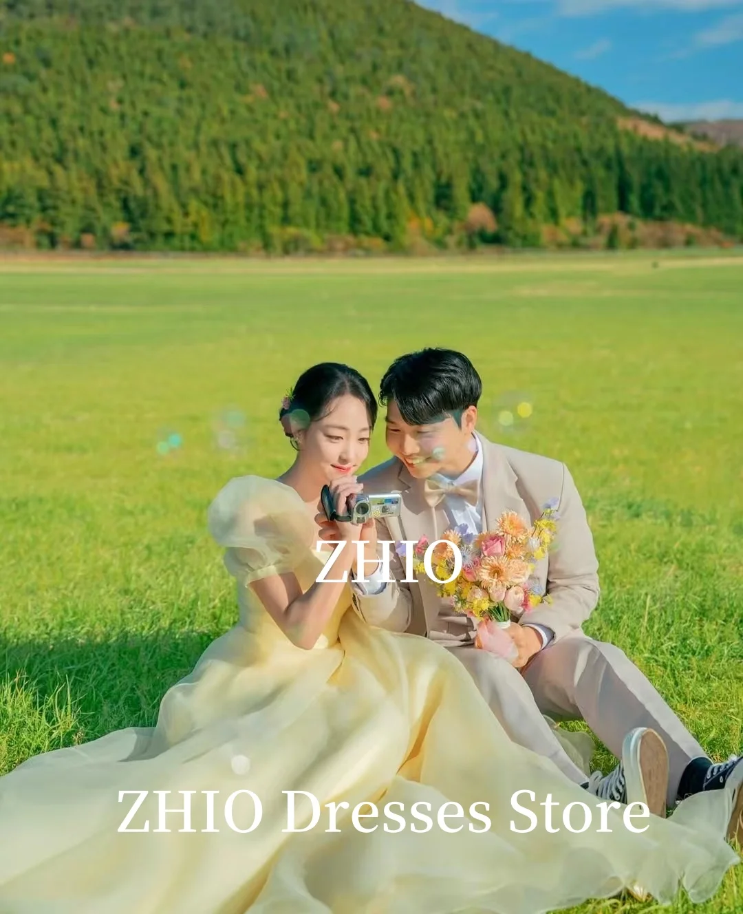 ZHIO Abito da sposa giallo A-Line Lunghezza pavimento Illusion Maniche corte a sbuffo Abito da sposa Servizio fotografico coreano Personalizzato Elegante