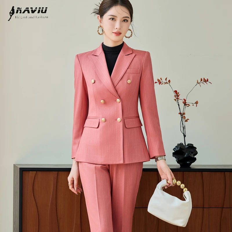 NAVIU مكتب السيدات بدلة طويلة الأكمام مجموعة بسيطة المشارب الراقية مزاجه مزدوجة الصدر ضئيلة السترة والسراويل ملابس العمل