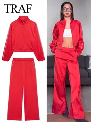 TRAF Spring Women's 2 Piece Set Solid Long Sleeve Motorcycle Style Bomber Jacket + Elastic Waist Casual Woman Wide Leg Long Pant