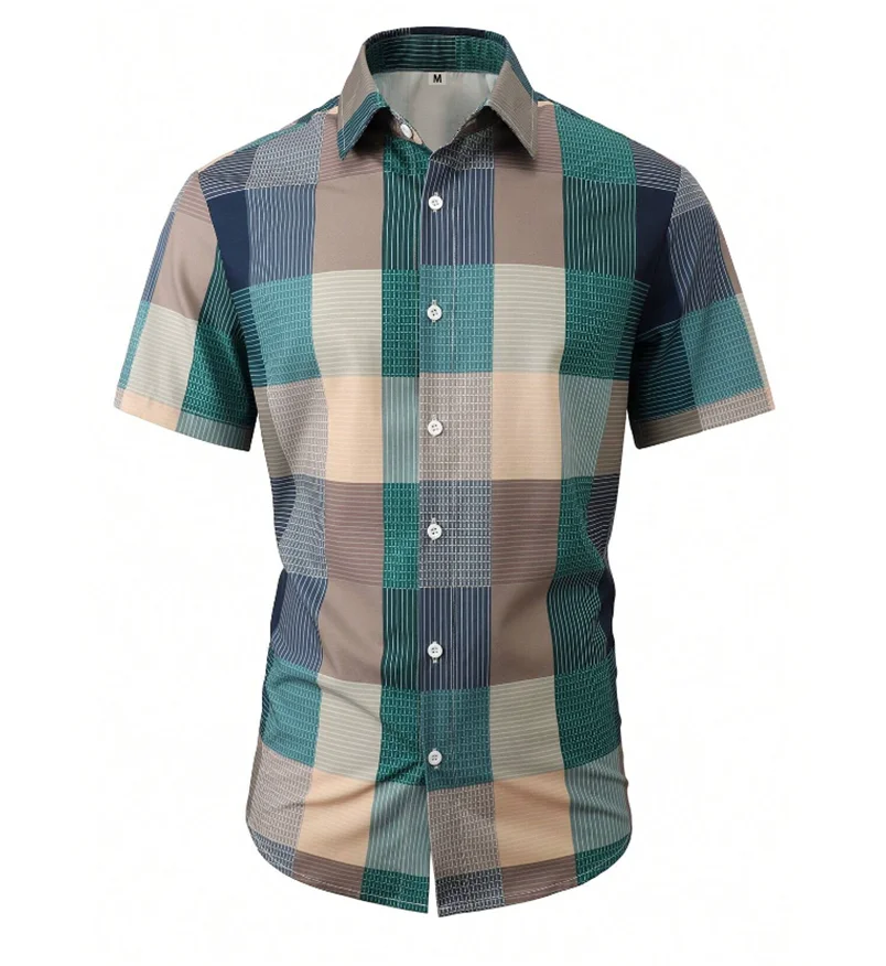 Men's Checkered Short Sleeved Shirt Casual Summer Green Lapel Shirt
