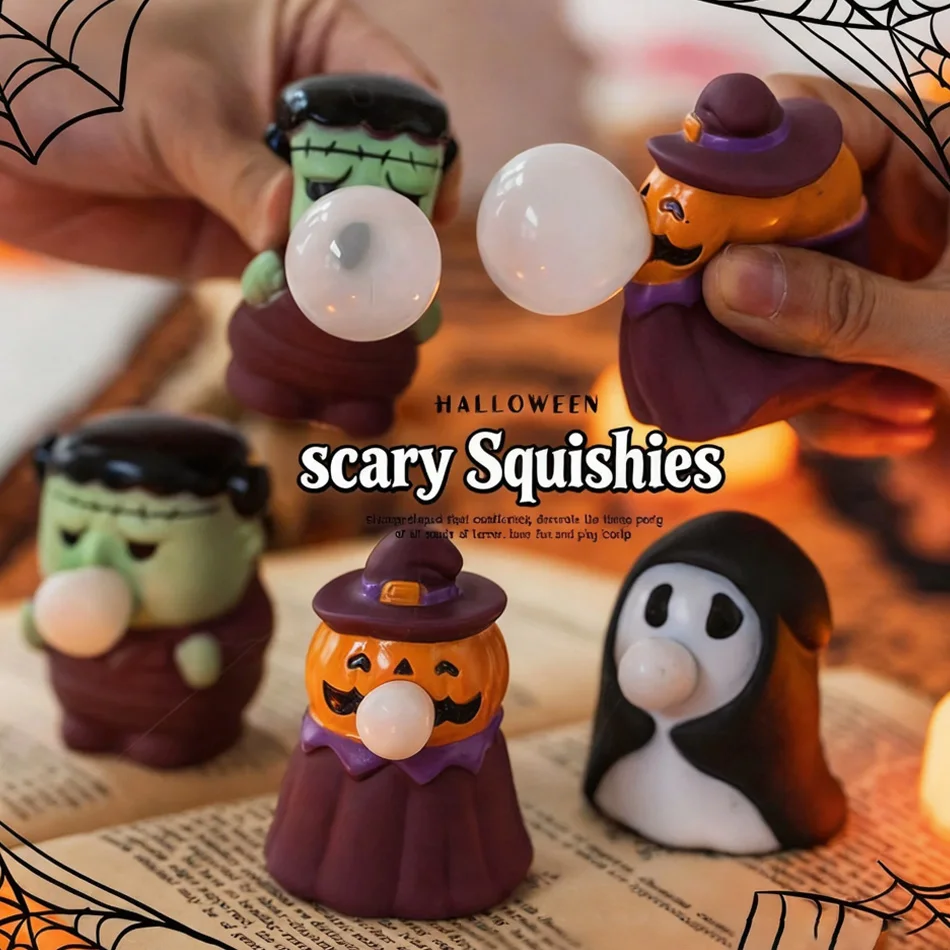 In Stock Bubble Blowing Halloween Squishies, Pumpkin Ghost Frankenstein Stress Relief Toys, Halloween Party Surprise Gifts
