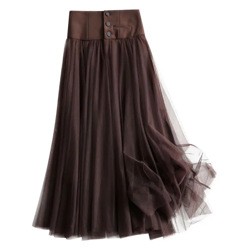 Large swing  mesh half body  A-line mid long  fashionable  women's  summer new  high waist pleated  hanging mid length skirt