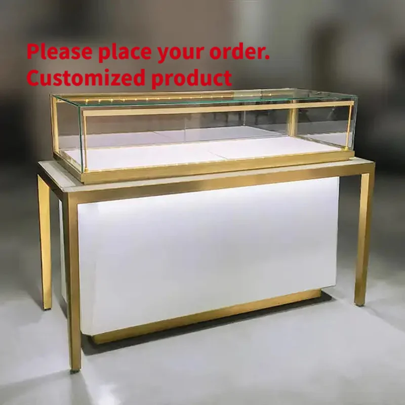 custom.Modern Luxury Jewelry Display Counter with Gold Metal Frame & Glass Showcase, White Painted Top Necklace Ring Exhibit