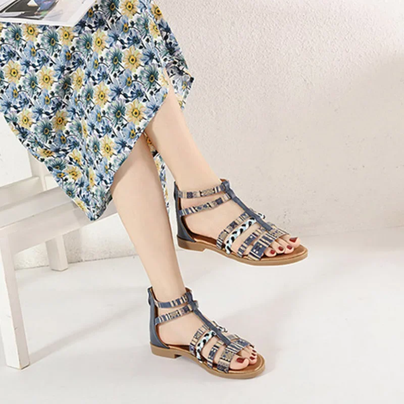YAERNI 35-42 New Women\'s Large Sandals Summer Sandals Women\'s Bohemian Retro Beaded zipper Rhinestone Flat Shoe